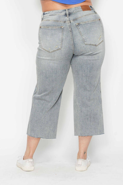 Judy Blue Mid Rise Tummy Control Raw Hem Crop Wide Leg Jean 88903