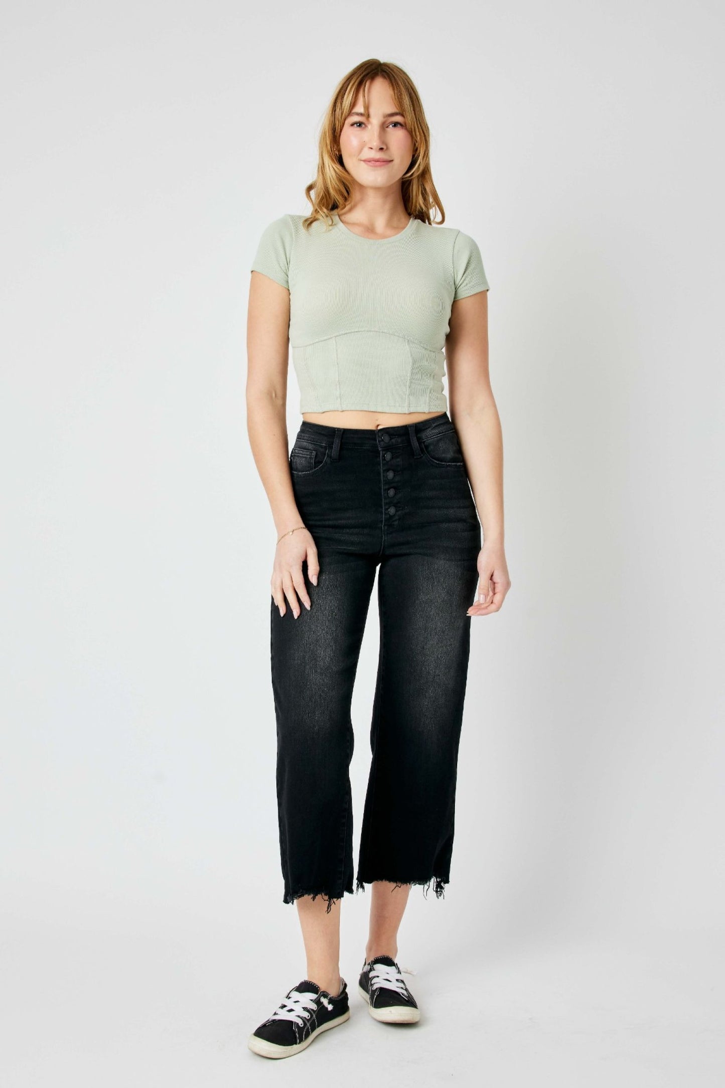 Judy Blue High Waist Destroy Raw Hem Black Crop Wide Leg Jeans 88829