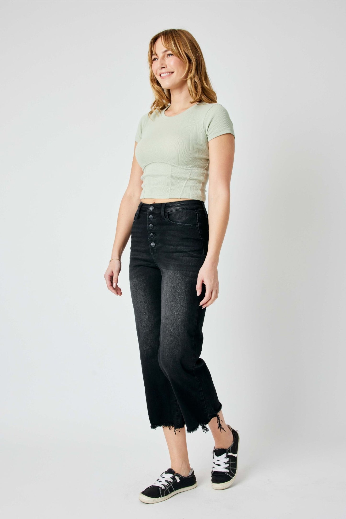 Judy Blue High Waist Destroy Raw Hem Black Crop Wide Leg Jeans 88829