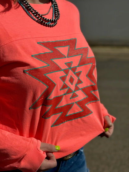 Aztec Puff On Coral Long Sleeve Top