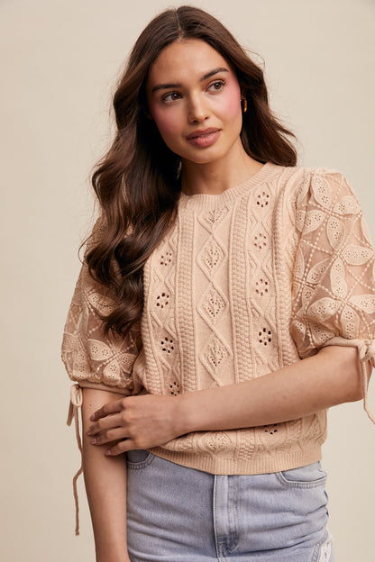 Eyelet Puff Sleeve Knit Sweater Top