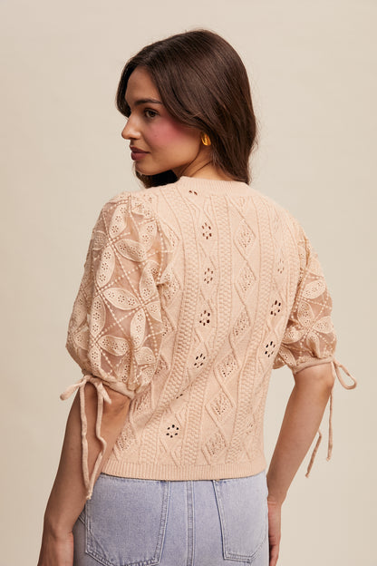 Eyelet Puff Sleeve Knit Sweater Top