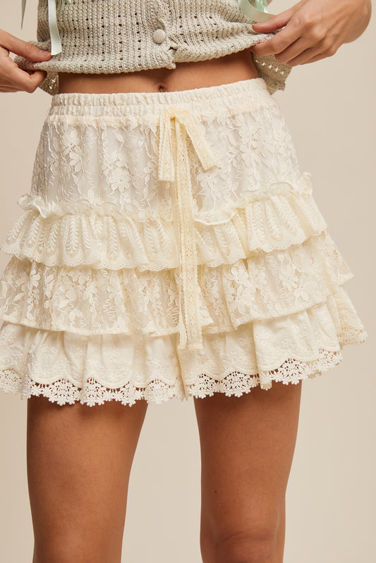 Cream Lace Tiered Shorts with Ruffle Details