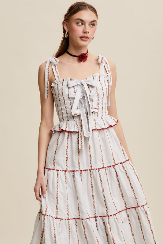 Tiered Red Floral Embroidered Maxi Dress