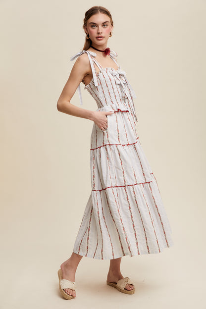 Tiered Red Floral Embroidered Maxi Dress
