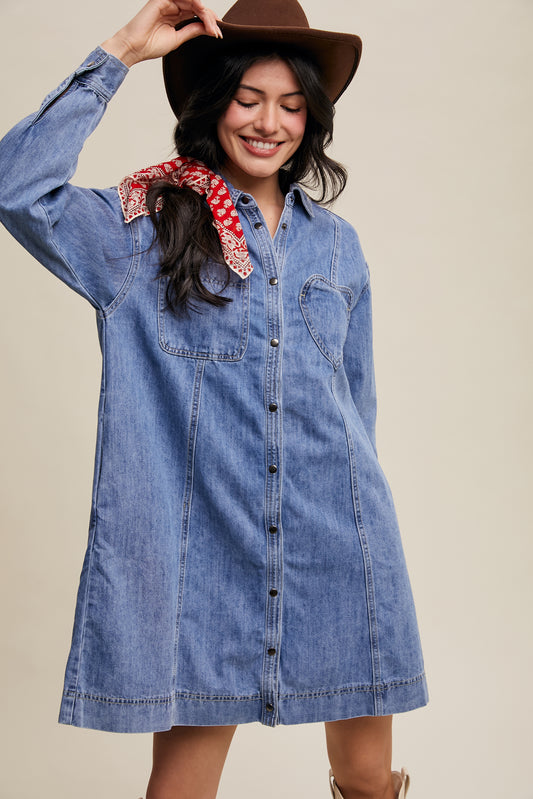 Denim Heart-Pocket Shirt Dress