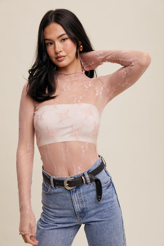 Blush Sheer Lace Long-Sleeve Top