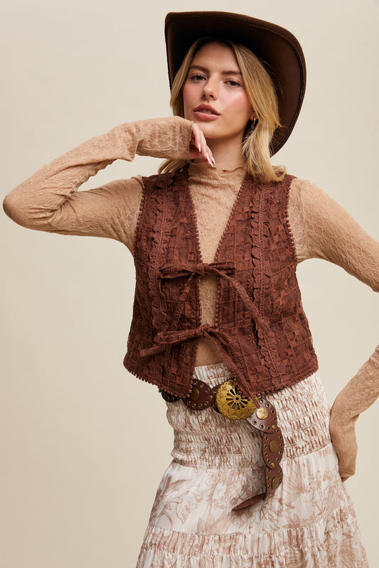 Mocha Embroidered Lace Tie-Front Vest