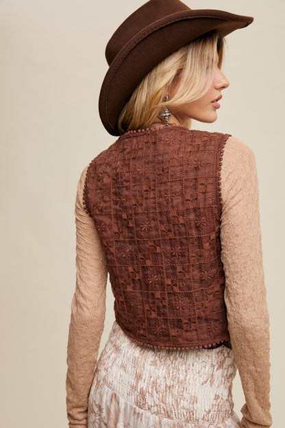 Mocha Embroidered Lace Tie-Front Vest