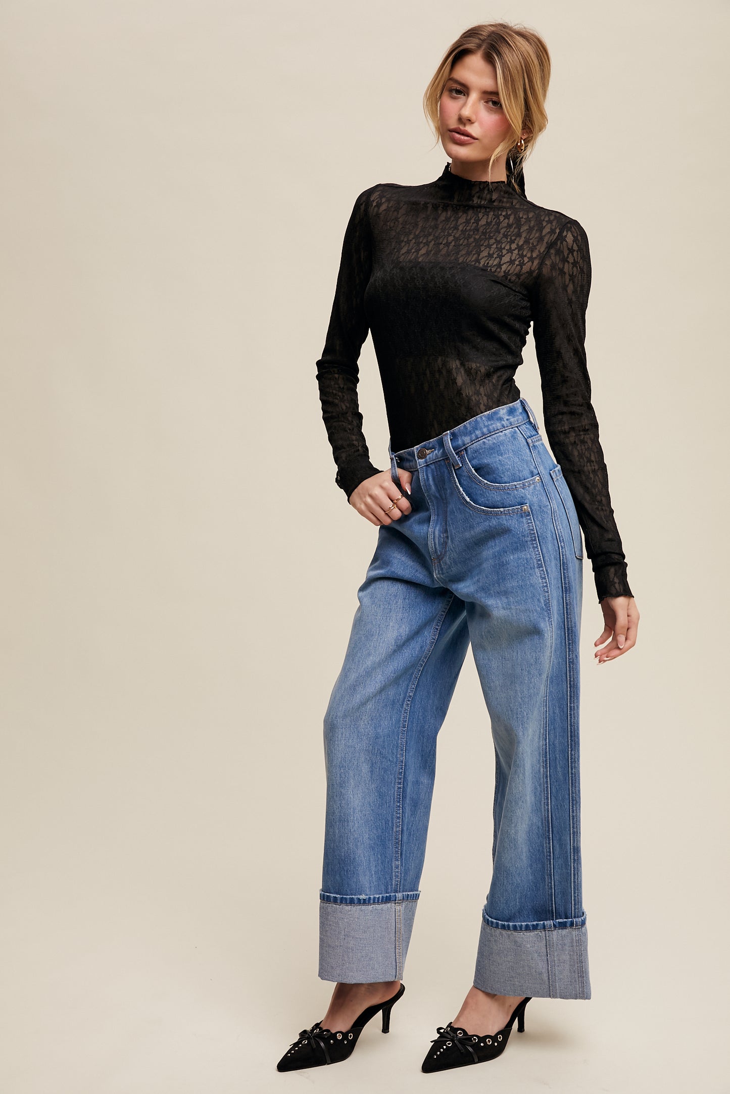 Cuffed Wide Leg Denim Jeans