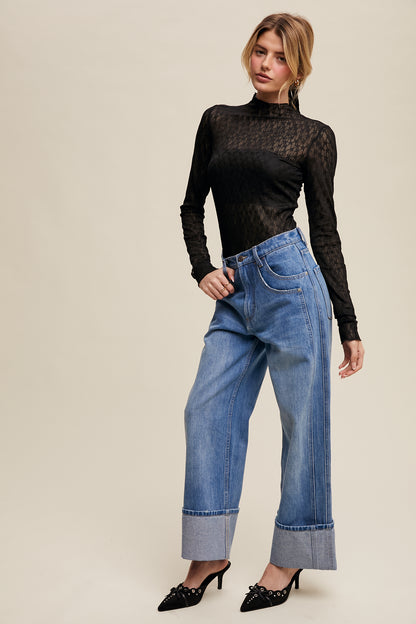 Cuffed Wide Leg Denim Jeans