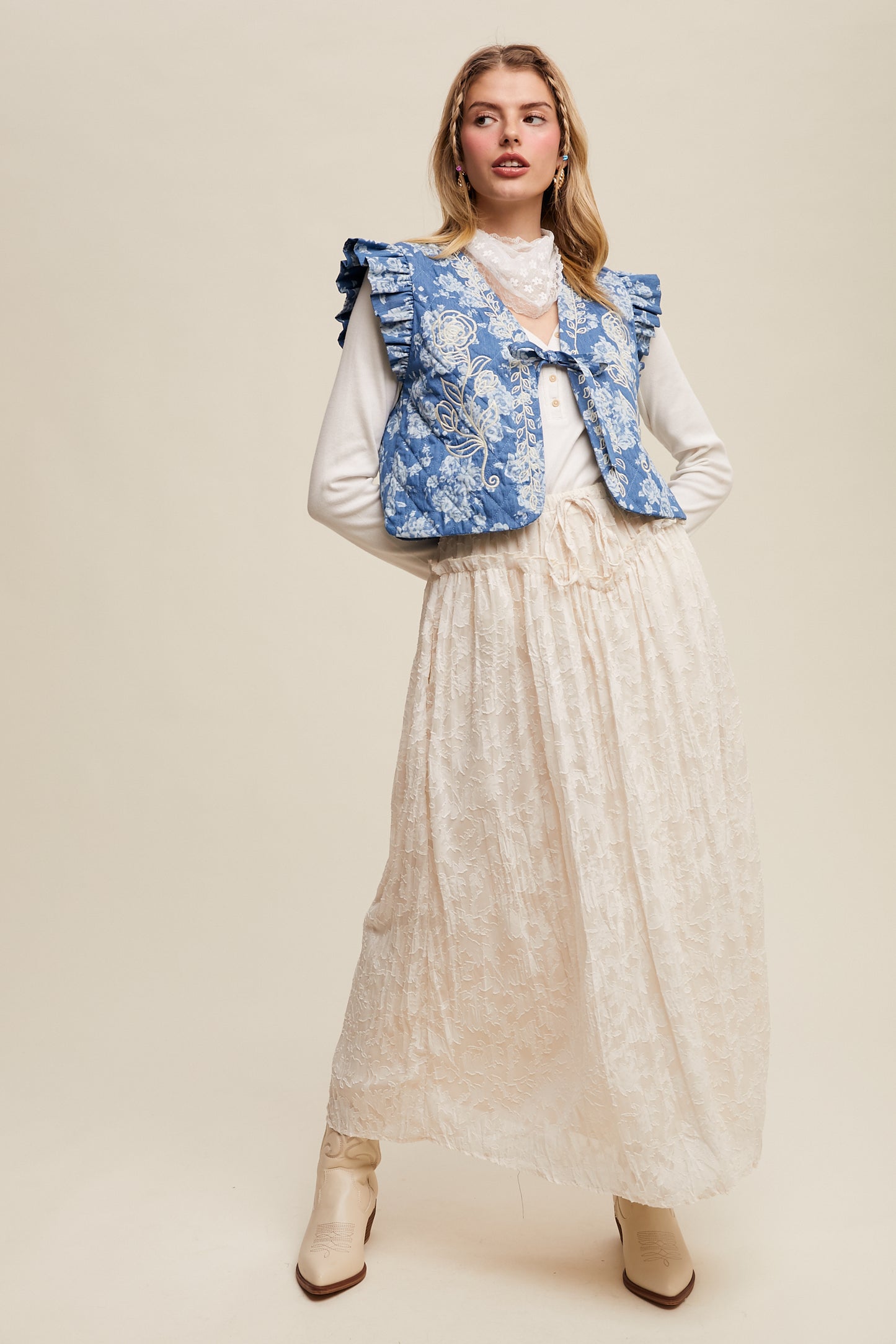 Ecru Floral Textured Maxi Skirt