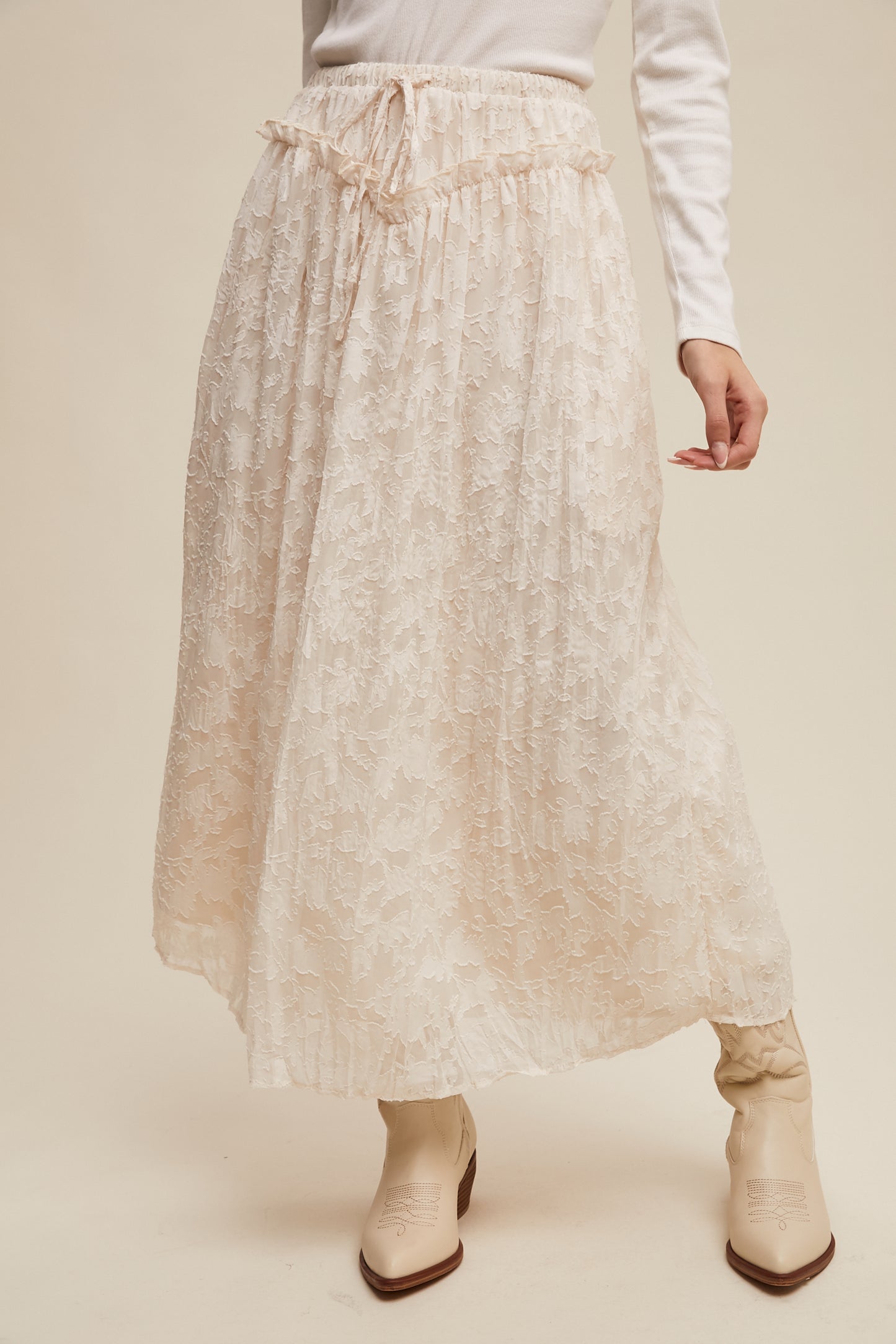 Ecru Floral Textured Maxi Skirt