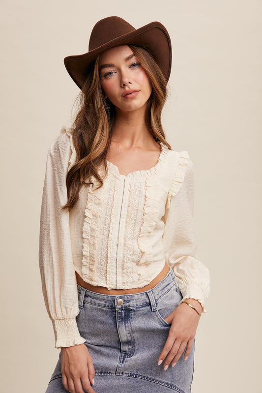 Ruffled Smocked Long Sleeve Blouse