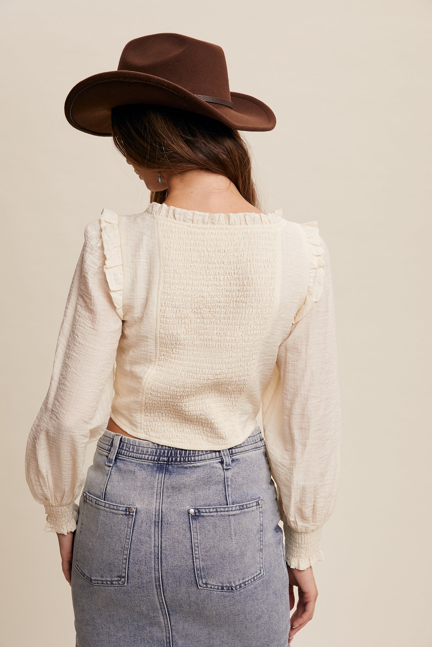 Ruffled Smocked Long Sleeve Blouse