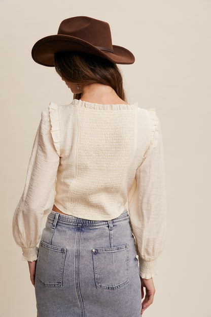 Ruffled Smocked Long Sleeve Blouse