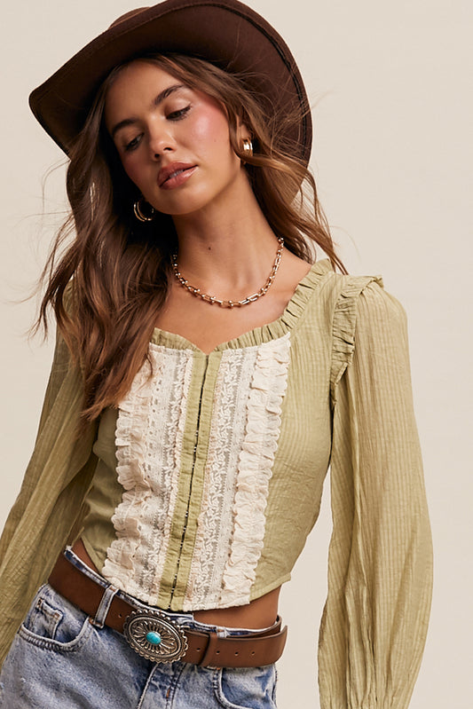 Olive Ruffled Smocked Long Sleeve Blouse