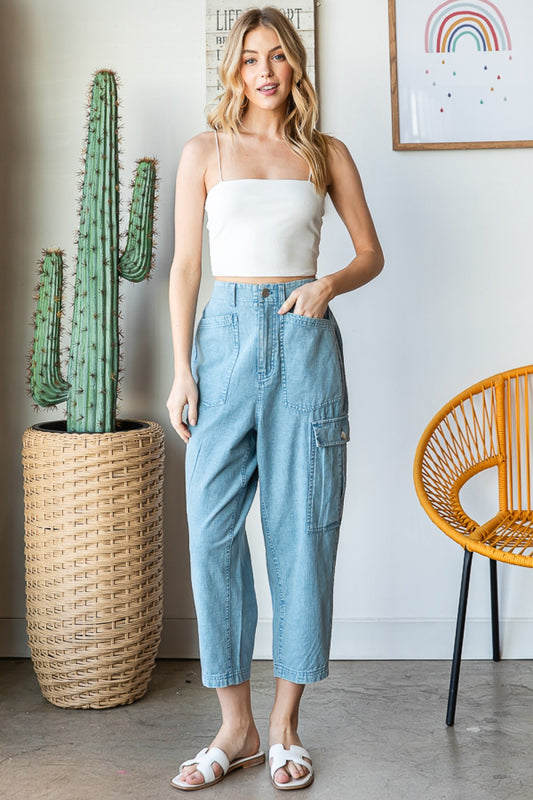 BLUE WASHED WOVEN BAGGY PANTS