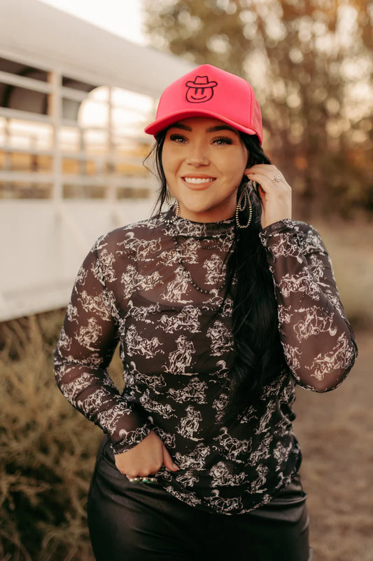 BLACK AND WHITE COWGIRL MESH TOP