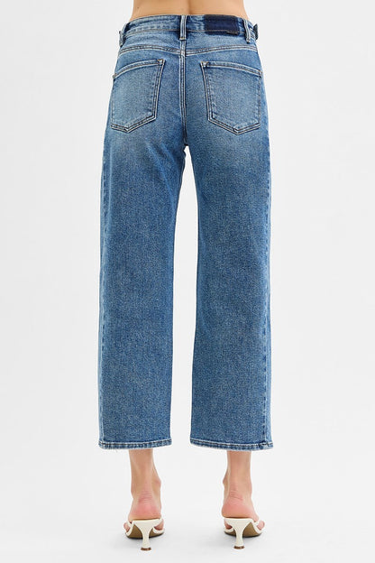 RISEN HIGH RISE CROP LENGTH BARREL JEANS ADJUSTABLE WAIST BAND PGC21174 DARK