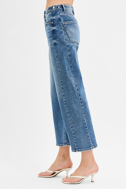 RISEN HIGH RISE CROP LENGTH BARREL JEANS ADJUSTABLE WAIST BAND PGC21174 DARK