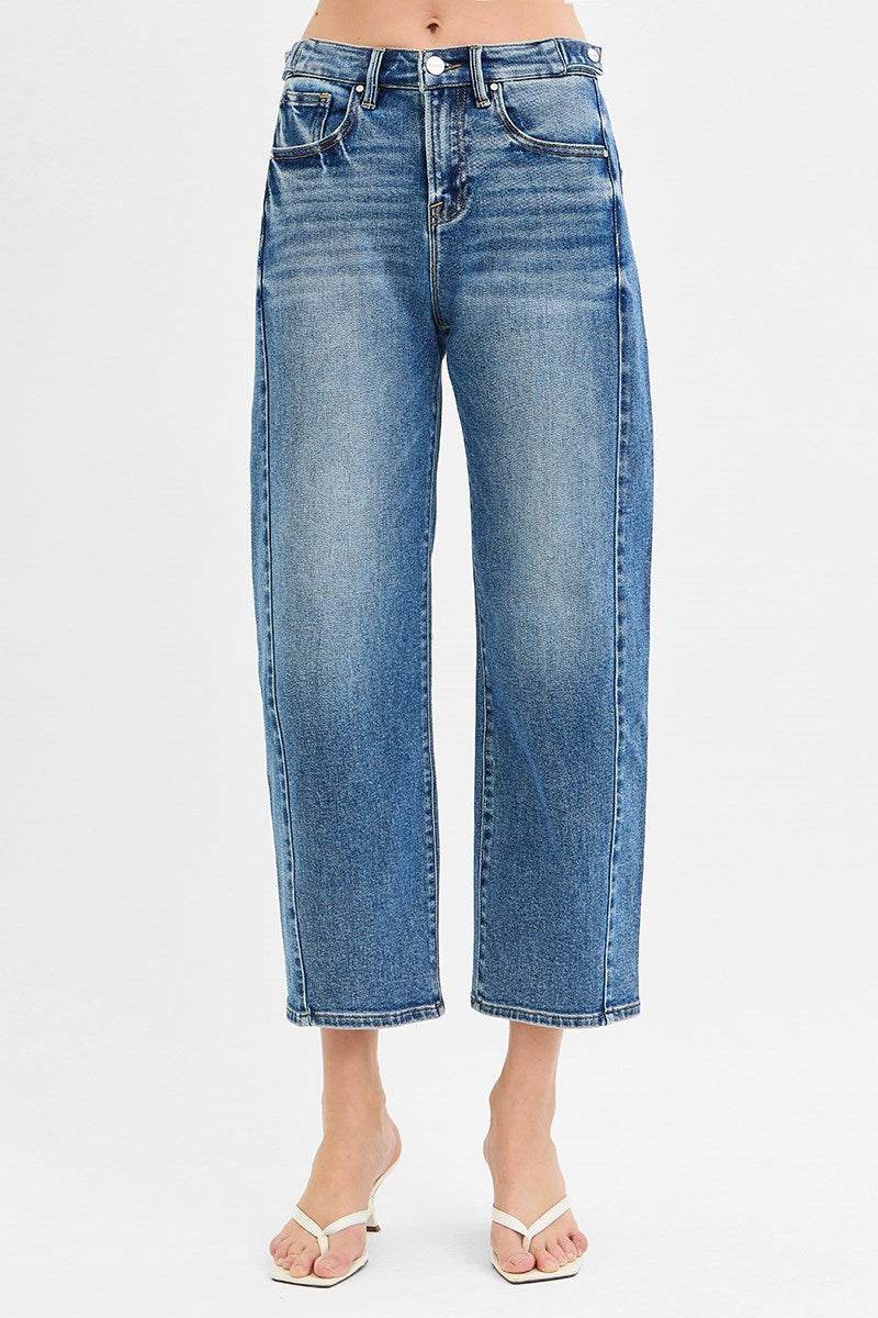 RISEN HIGH RISE CROP LENGTH BARREL JEANS ADJUSTABLE WAIST BAND PGC21174 DARK