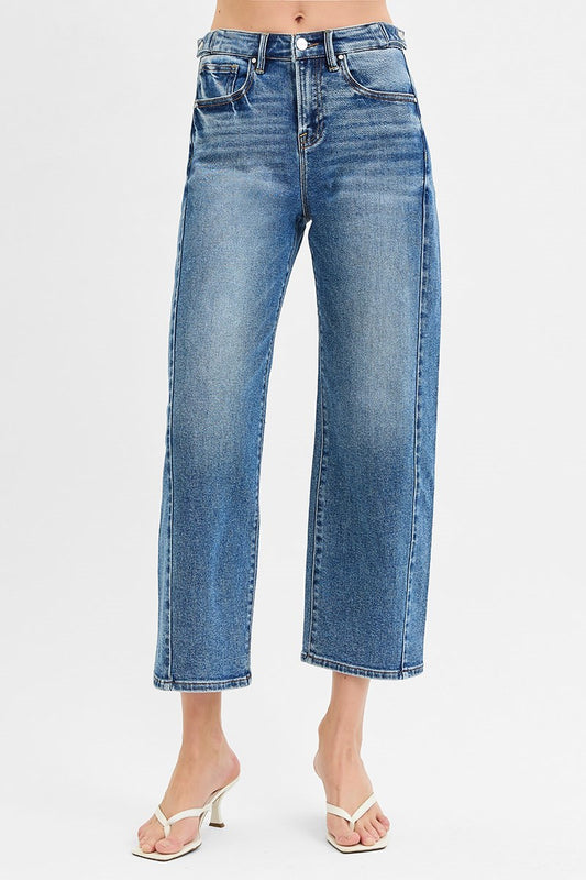 RISEN HIGH RISE CROP LENGTH BARREL JEANS ADJUSTABLE WAIST BAND PGC21174 DARK