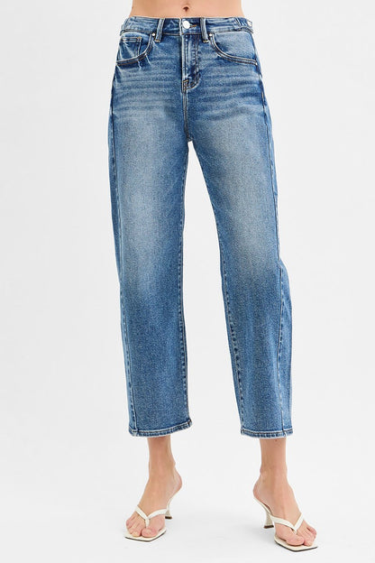 RISEN HIGH RISE CROP LENGTH BARREL JEANS ADJUSTABLE WAIST BAND PGC21174 DARK