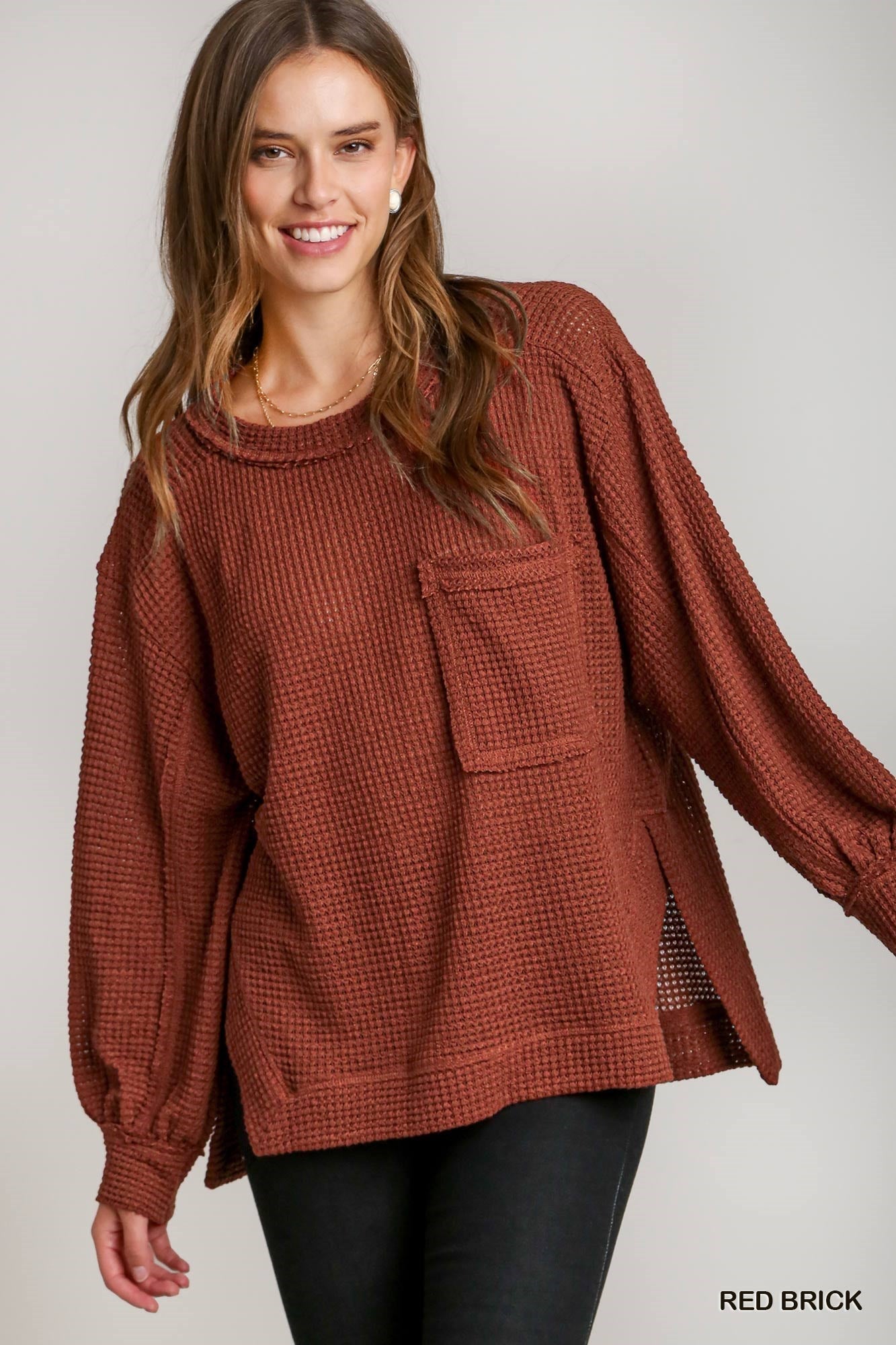 Red Brick Chunky Waffle Knit Long Sleeve Top with Side Slit