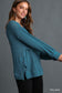 Teal Blue Chunky Waffle Knit Long Sleeve Top with Side Slit