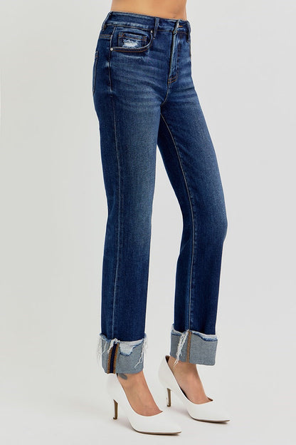 RISEN TUMMY CONTROL HIGH RISE CROP STRAIGHT CUFFED JEANS 5877