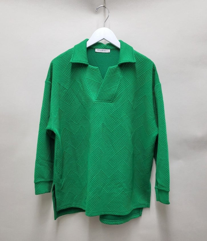Green Long Sleeve Textured Collared Top