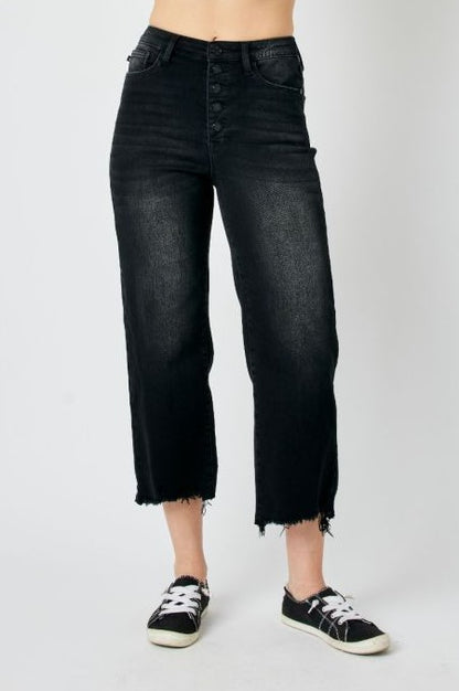 Judy Blue High Waist Destroy Raw Hem Black Crop Wide Leg Jeans 88829