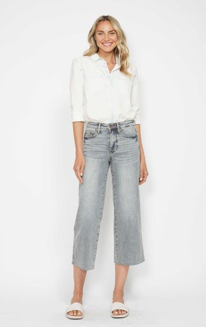 Judy Blue Mid Rise Tummy Control Raw Hem Crop Wide Leg Jean 88903