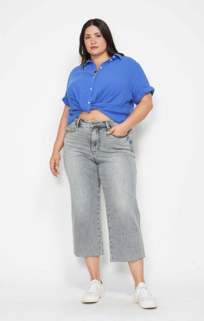 Judy Blue Mid Rise Tummy Control Raw Hem Crop Wide Leg Jean 88903