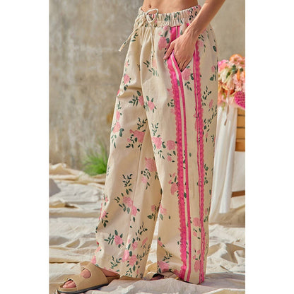 FLOWER PRINTED TWILL SIDE TRIM ELASTIC WAIST PANTS
