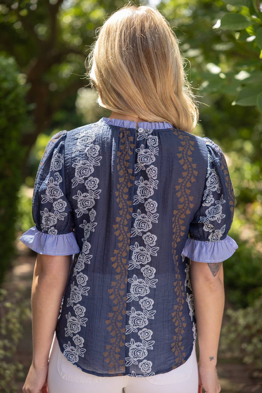 Stripe Ruffle Detail Floral Printed Top