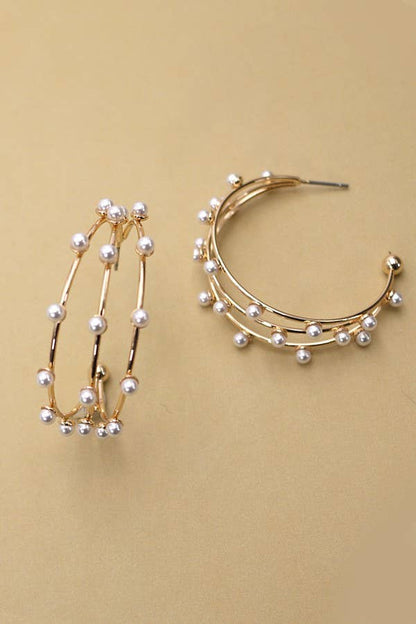 TRIPLE ROW WIRE PEARL HOOP EARRINGS  |   31E03785: Gold