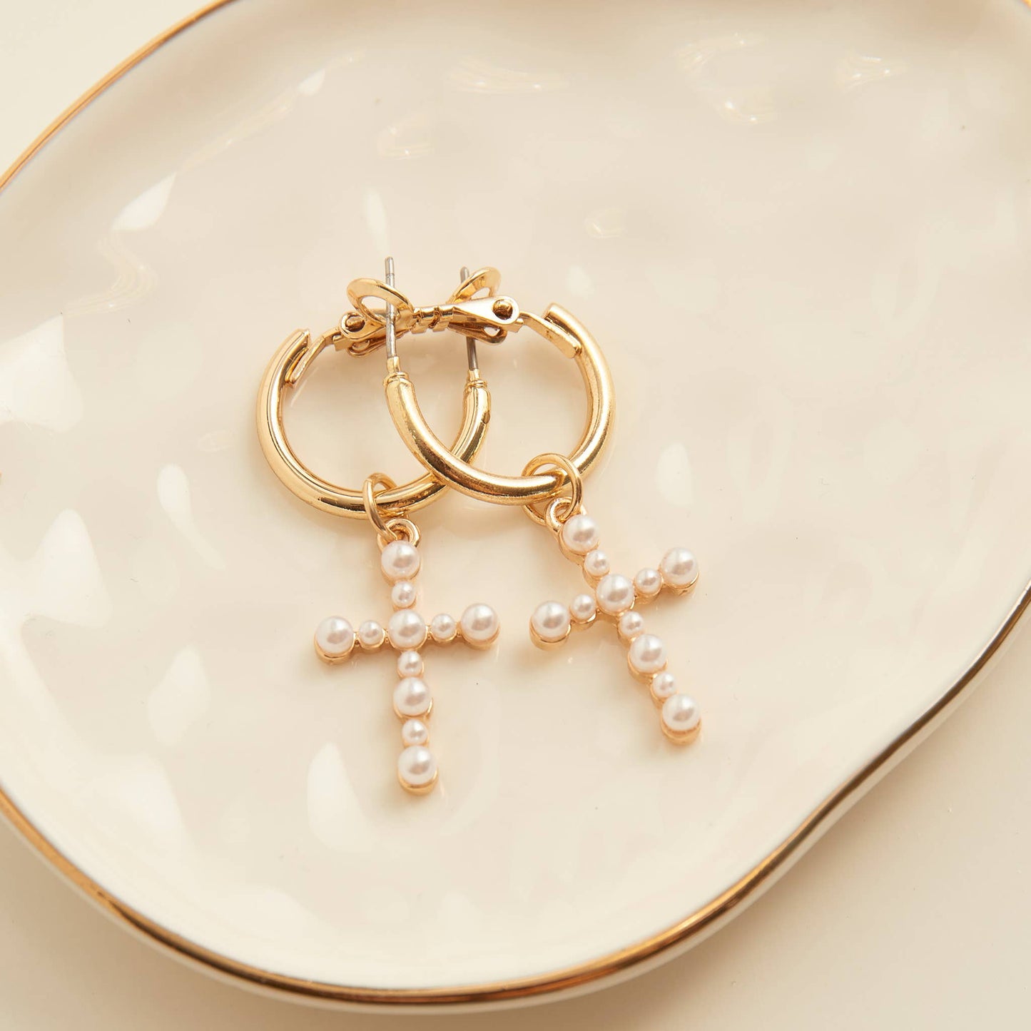 Cera Inspirational Pearl Cross Earrings: Gold