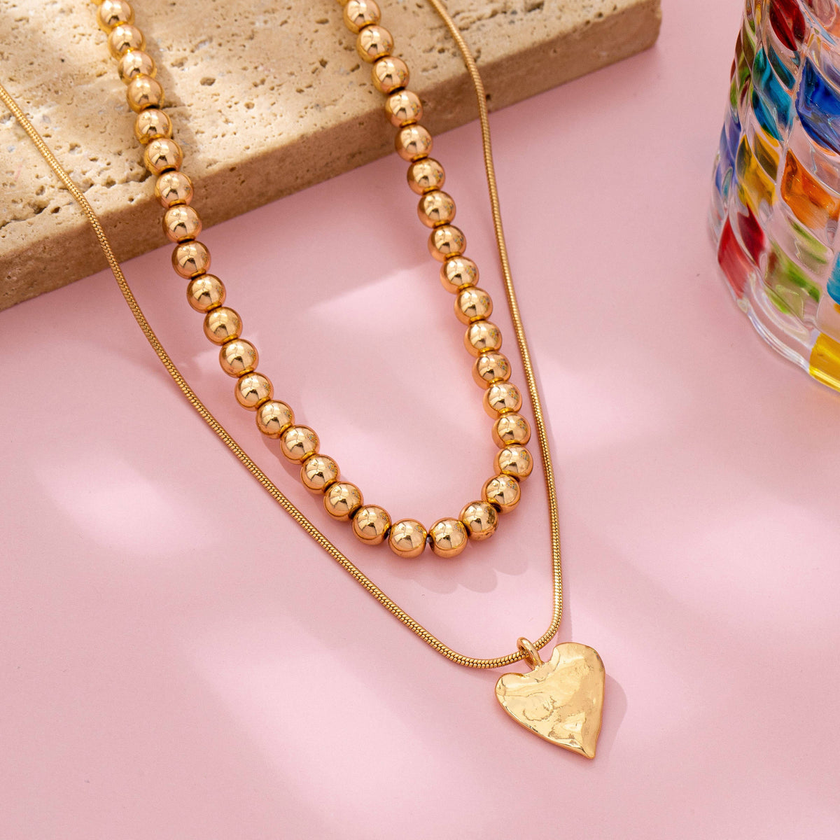 DOUBLE LAYER BALL CHAIN HEART CHARM NECKLACE | 80N92736: GOLD