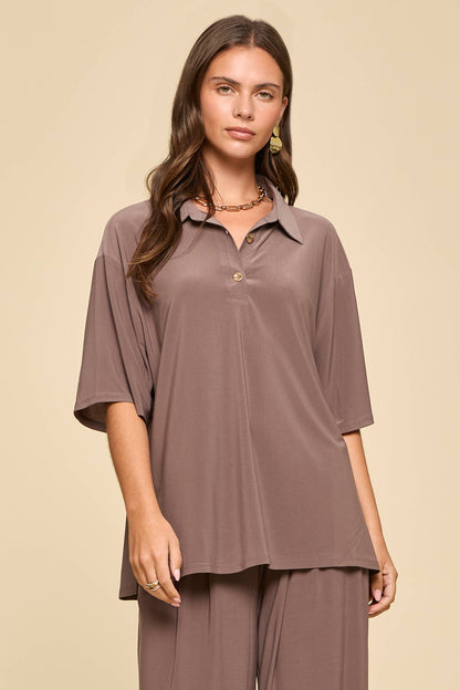 2-Piece Blouse + Relaxed Pants Resort Wear Mocha Set