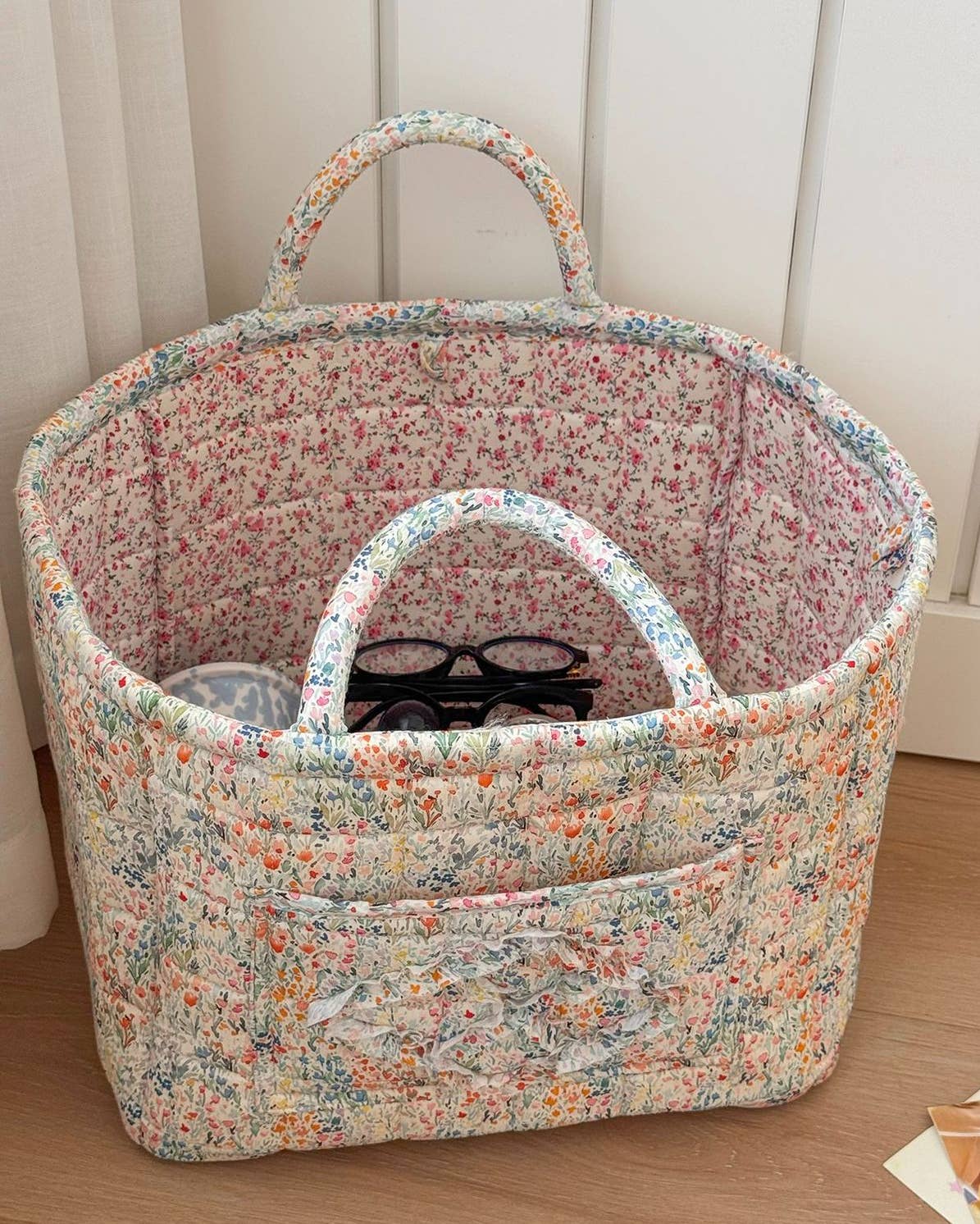 Green Quilted Floral Laundry Basket Boho Storage basket