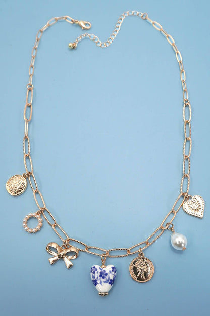 CERAMIC PORCELAIN BOW HEART CHARM LINK NECKLACE | 80N91547: Gold
