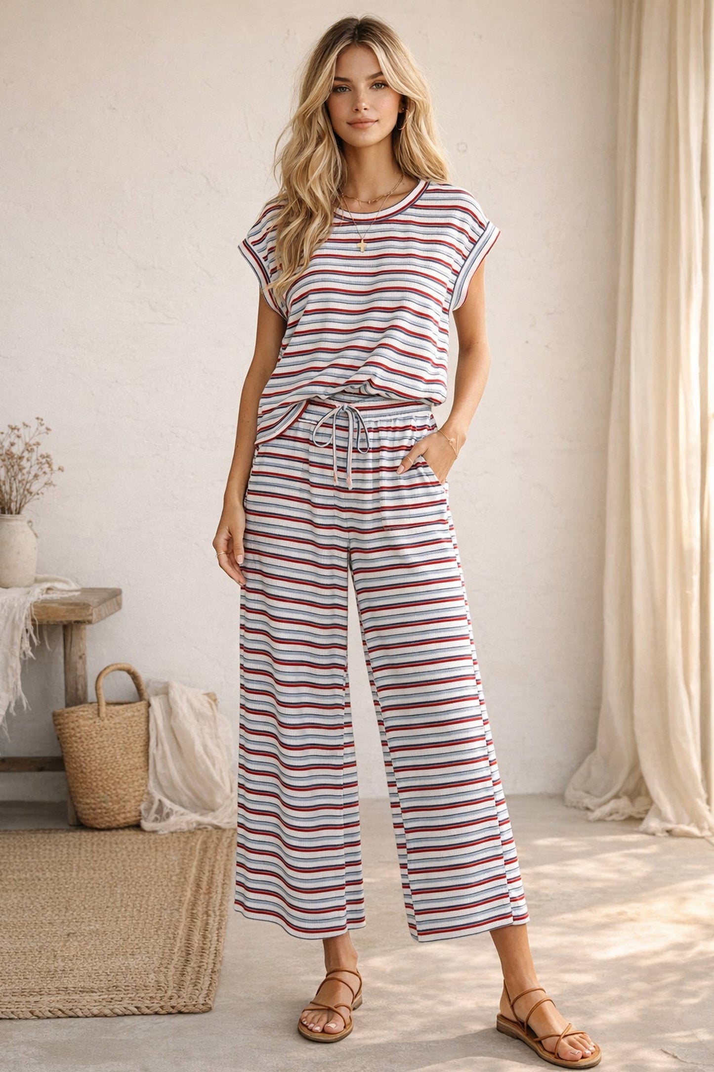 4th of July Americana Ribbed Striped Lounge Set: RED/BLUE/WHITE