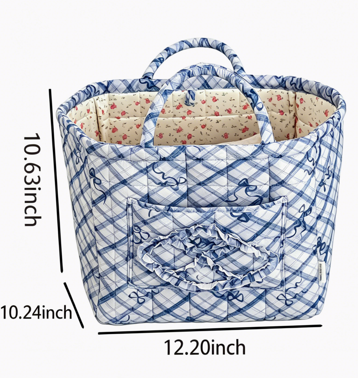 Blue Plaid Quilted Storage Basket Boho Organizer Tote
