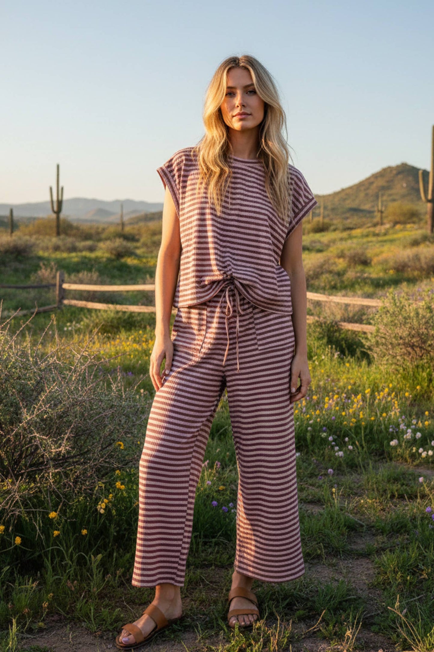 Striped Rib Top and Pants Lounge Set: DUSTY ROSE/BROWN
