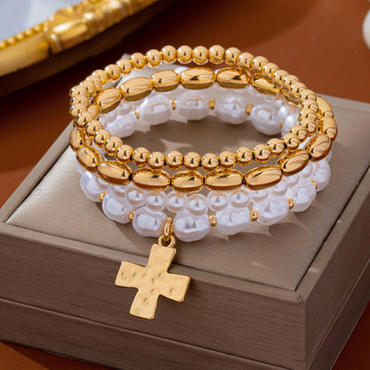 Pearl & Gold-Tone Beaded Cross Bracelet Set | 80B1910: SET