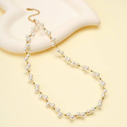 Faux Baroque Pearl & Gold Wire Station Necklace | 40NK9791: GOLD