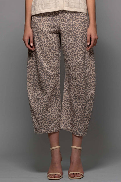 Leopard Print Stitch Detail Barrel Jeans