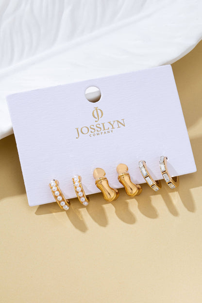 Pearl Rhinestone Multi Hoop Trio Earrings | 80E62031: GOLD